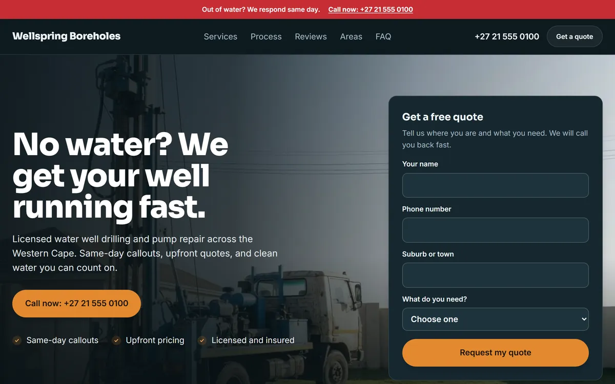 The Wellspring Boreholes homepage, built by Seabound.